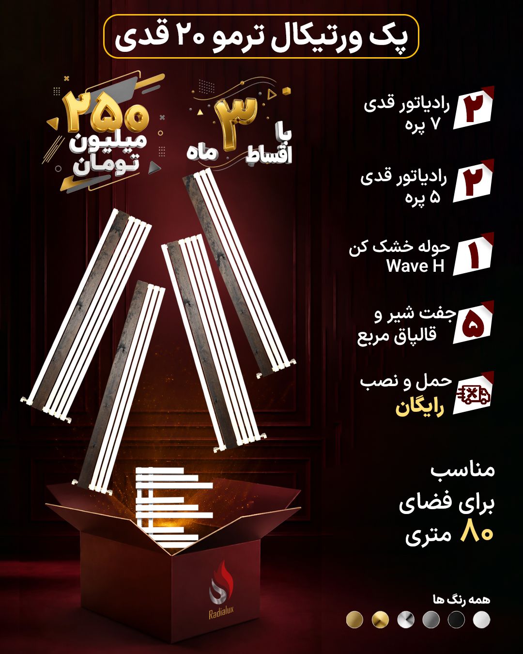 پک رادیاتور استیل ایستاده دکوراتیو کاور چوب ترمو  مدل vertical20 مناسب گرمایش فضای 80 متری
